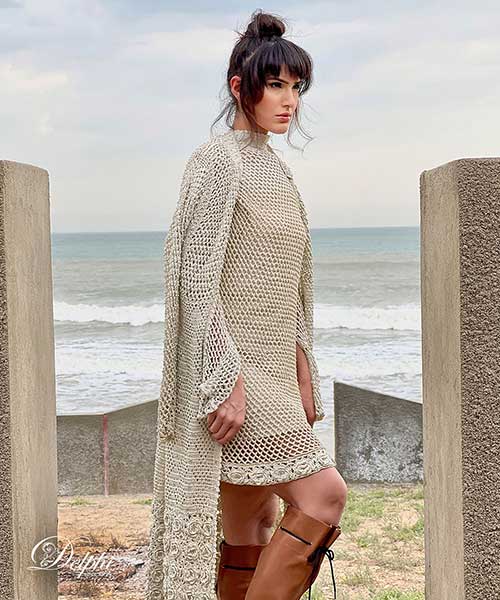 Short net weave A-line short tunic with floral border