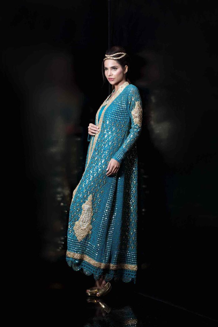 Crochet coat with zardozi work