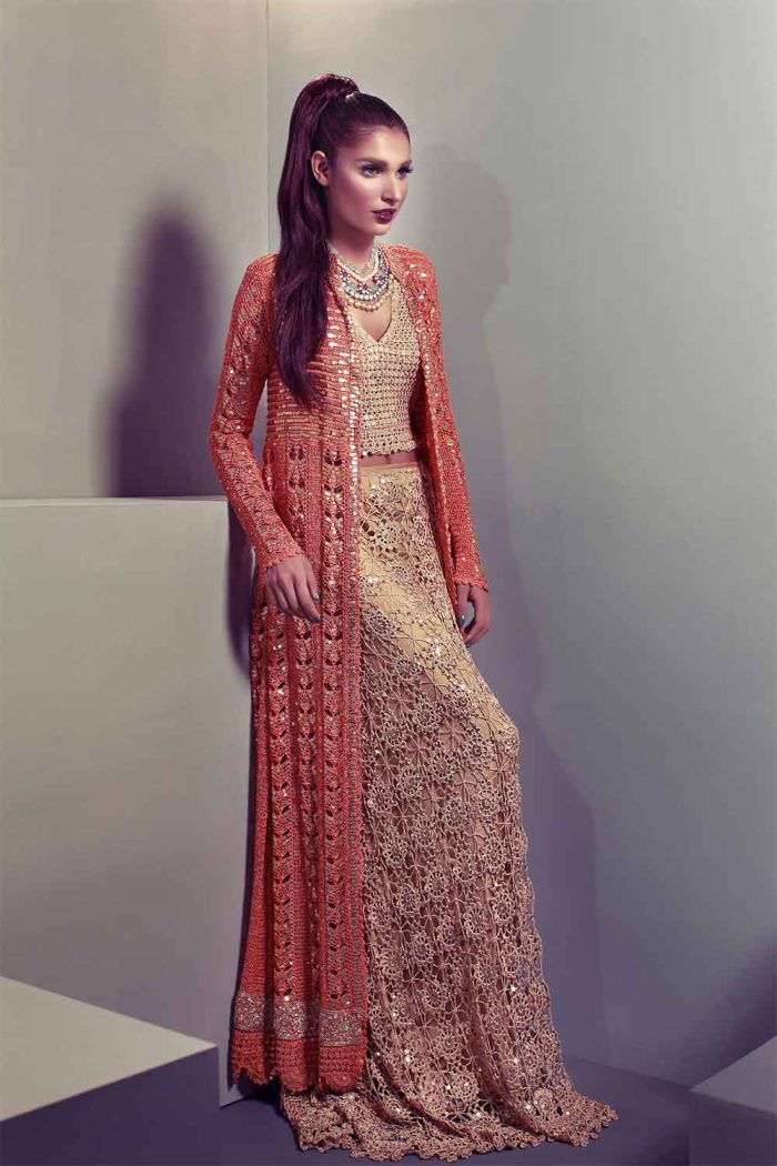 Burnt orange and gold crochet jacket with zardozi border
