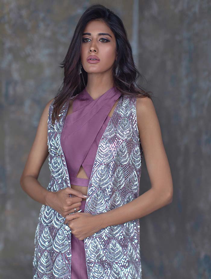 Delphi Fusion silk and crochet jacket with zardozi work