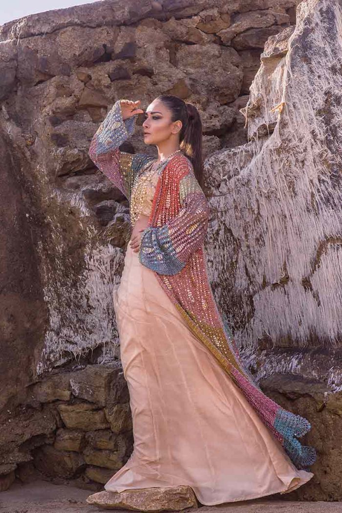 Mix weave Long Crochet jacket with worked silk blouse and net skirt
