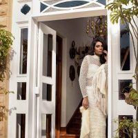 Long net weave A-line gown with floral border