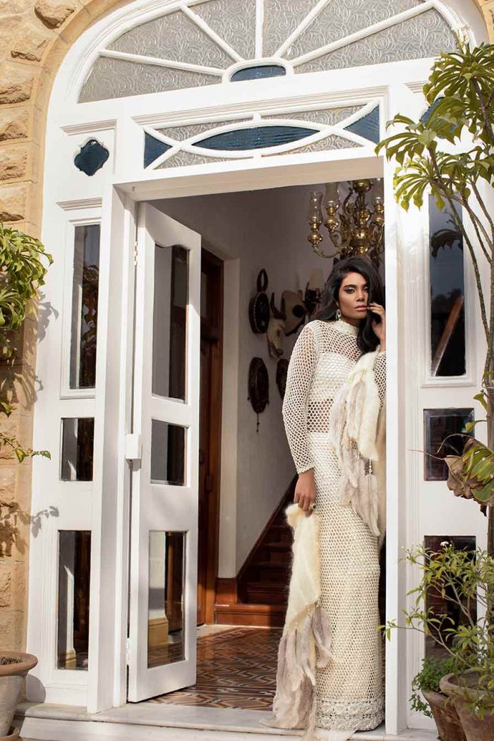 Long net weave A-line gown with floral border
